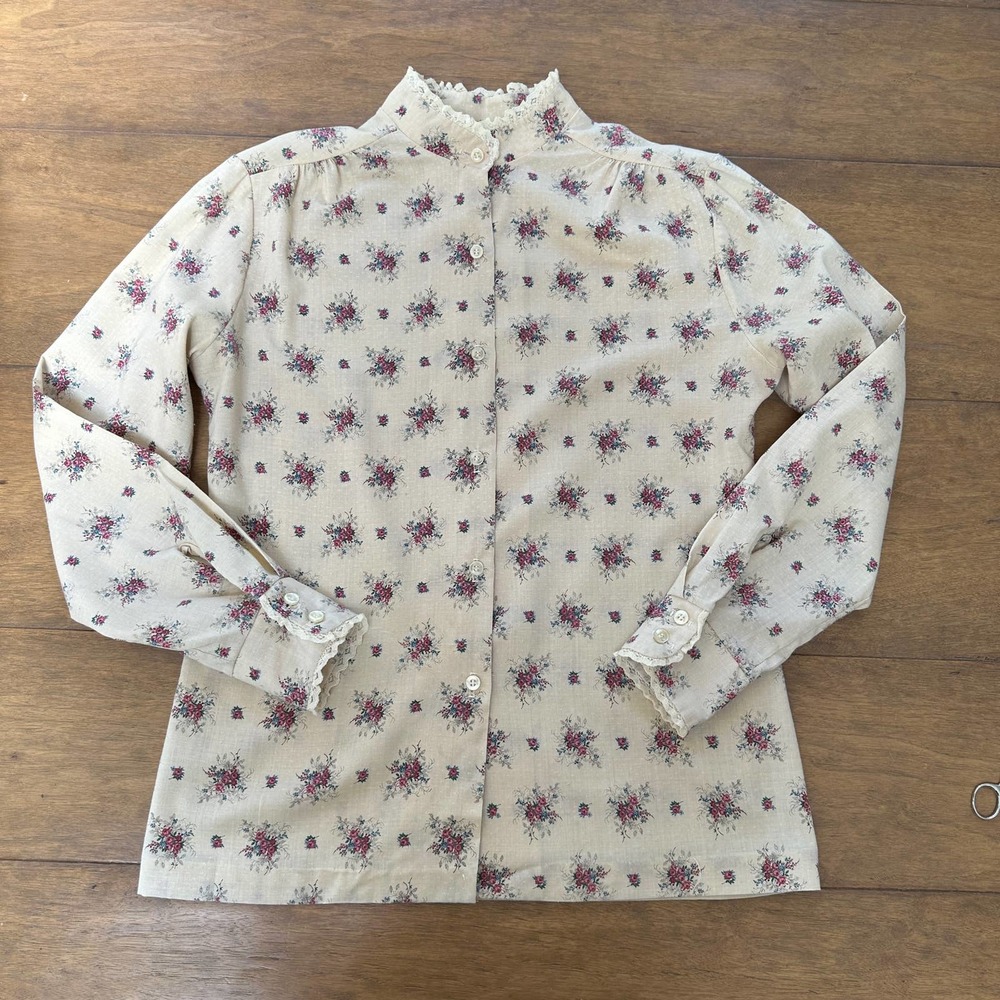 Vintage 70s Land n Sea Prairie Cottage Western Floral lace cream blouse Small 34 - Picture 4 of 12